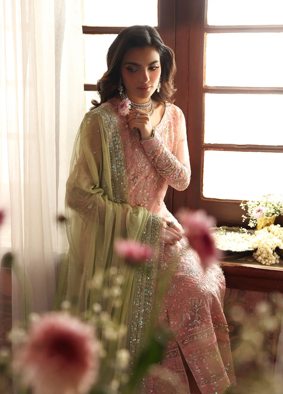 Model wearing Layana by Gulaal in pastel pink embellished chiffon – Pakistani luxury pret outfit available online in UK.
