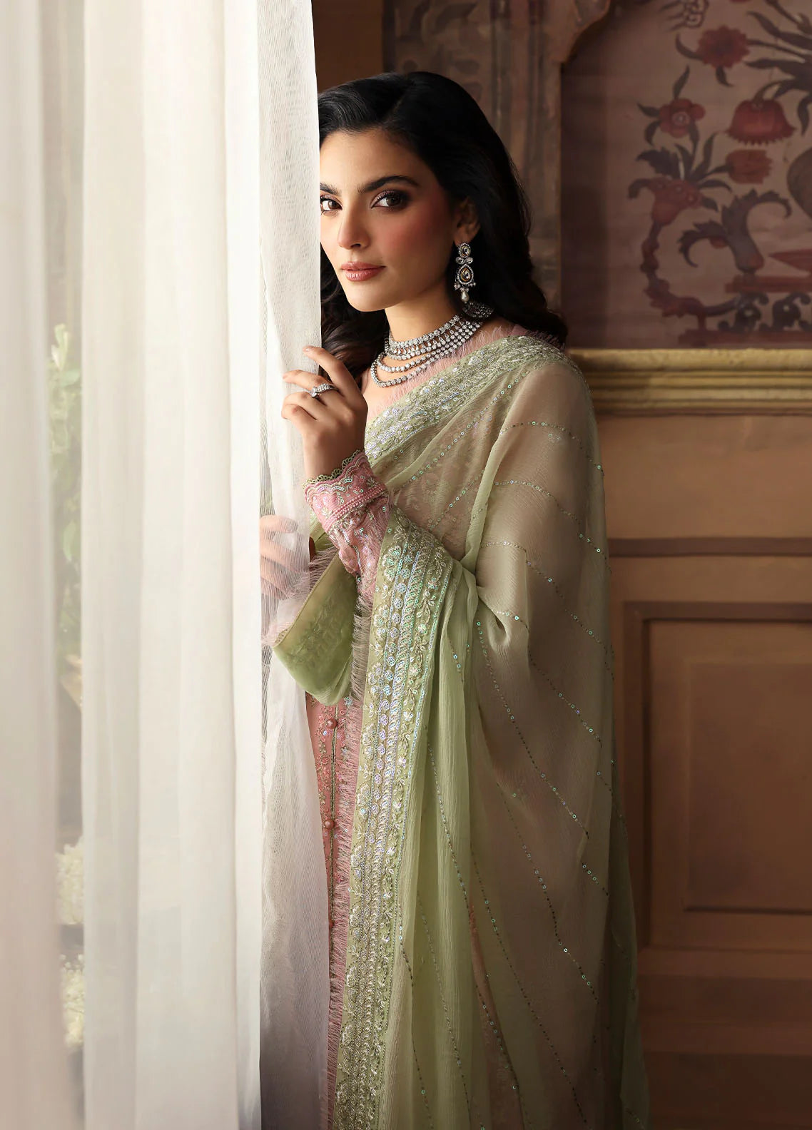 Model wearing Layana by Gulaal in pastel pink embellished chiffon – Pakistani luxury pret outfit available online in UK.