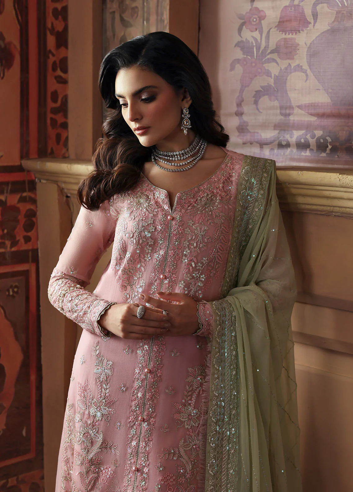 Model wearing Layana by Gulaal in pastel pink embellished chiffon – Pakistani luxury pret outfit available online in UK.
