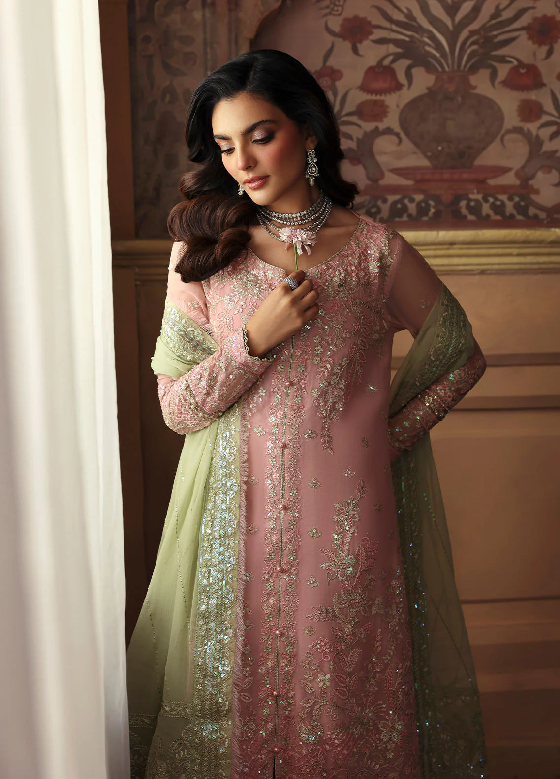 Model wearing Layana by Gulaal in pastel pink embellished chiffon – Pakistani luxury pret outfit available online in UK.