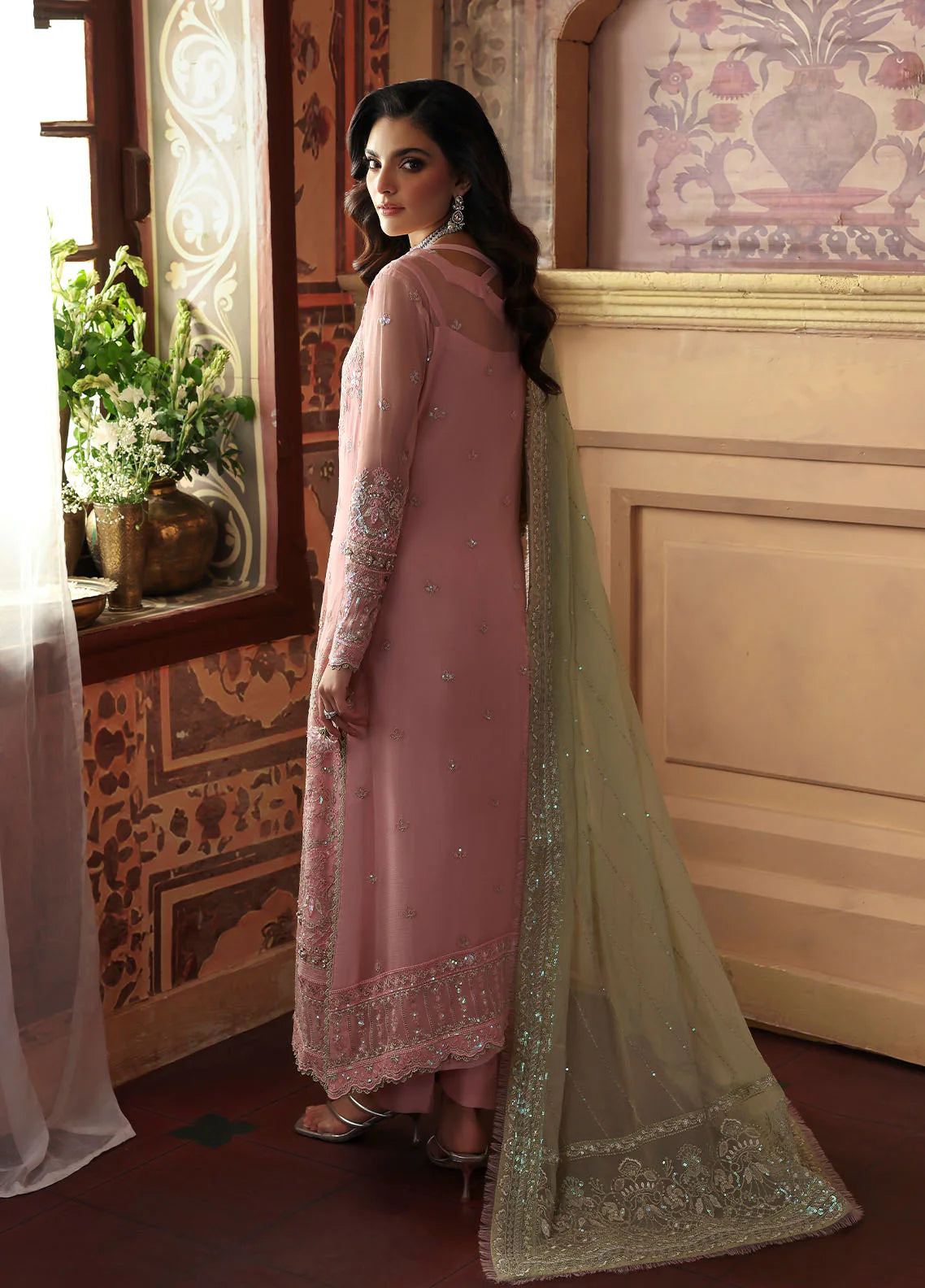 Model wearing Layana by Gulaal in pastel pink embellished chiffon – Pakistani luxury pret outfit available online in UK.