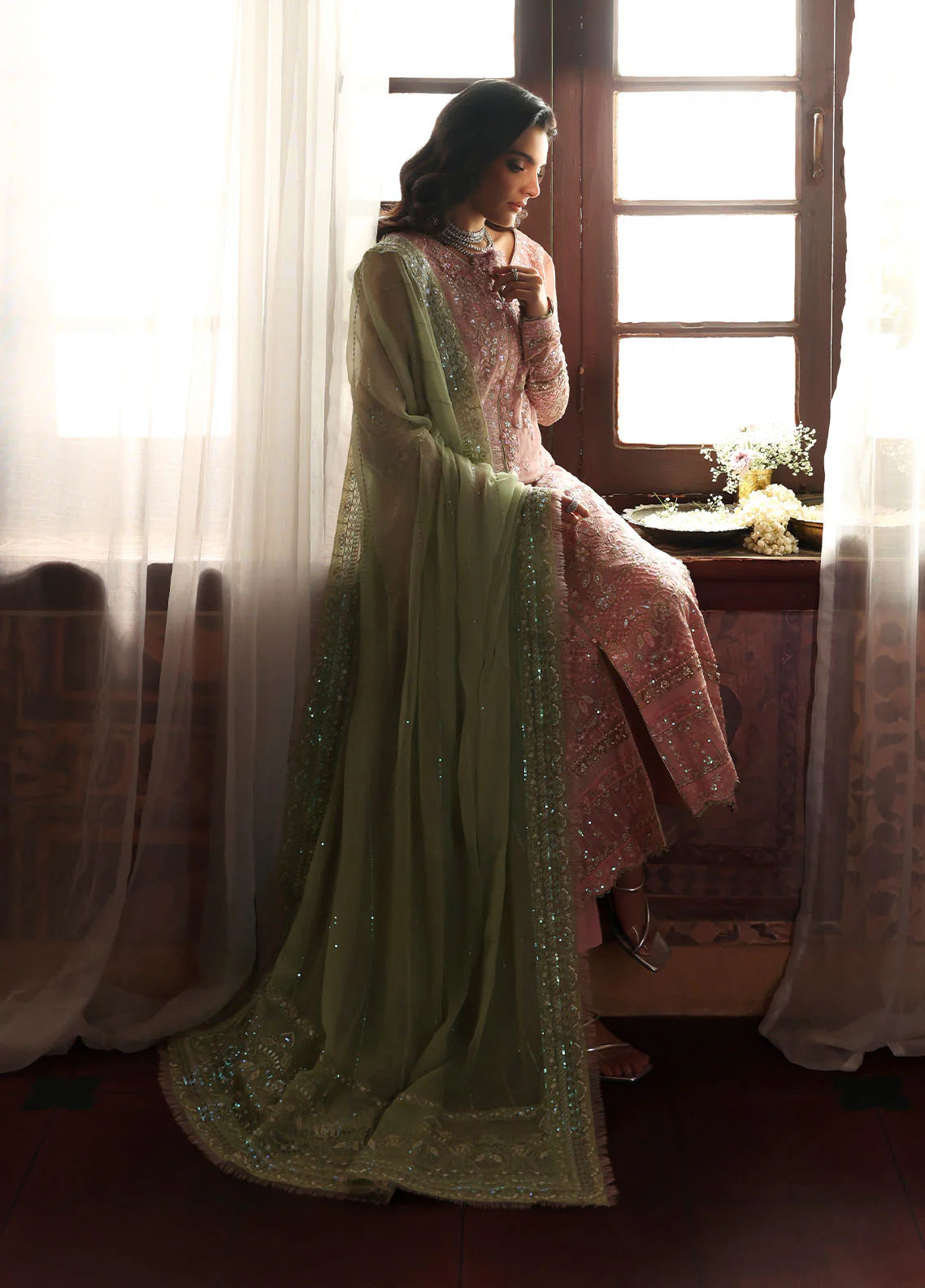 Model wearing Layana by Gulaal in pastel pink embellished chiffon – Pakistani luxury pret outfit available online in UK.