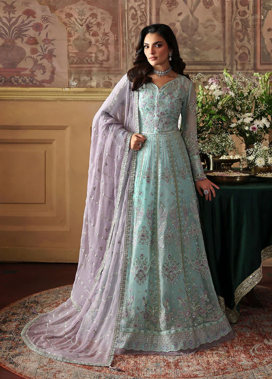 Model wearing Delina by Gulaal in aqua blue embroidered chiffon – Pakistani luxury pret outfit available online in UK.