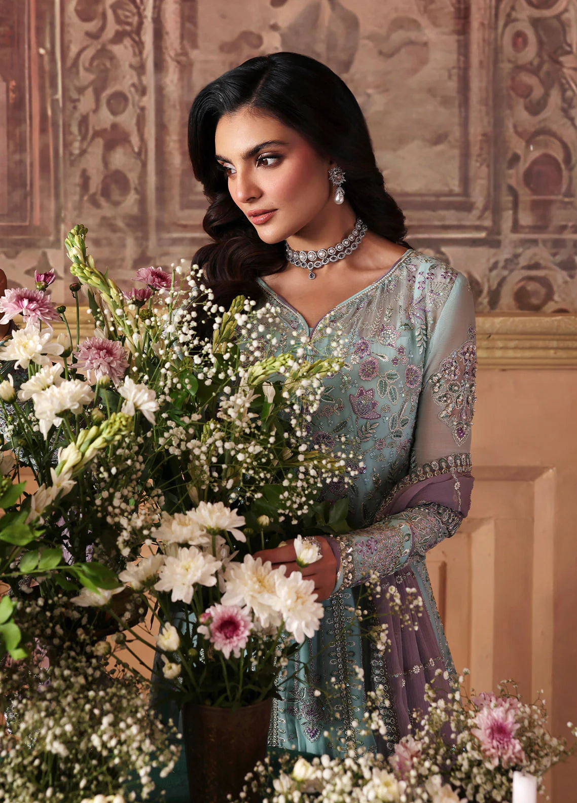 Model wearing Delina by Gulaal in aqua blue embroidered chiffon – Pakistani luxury pret outfit available online in UK.