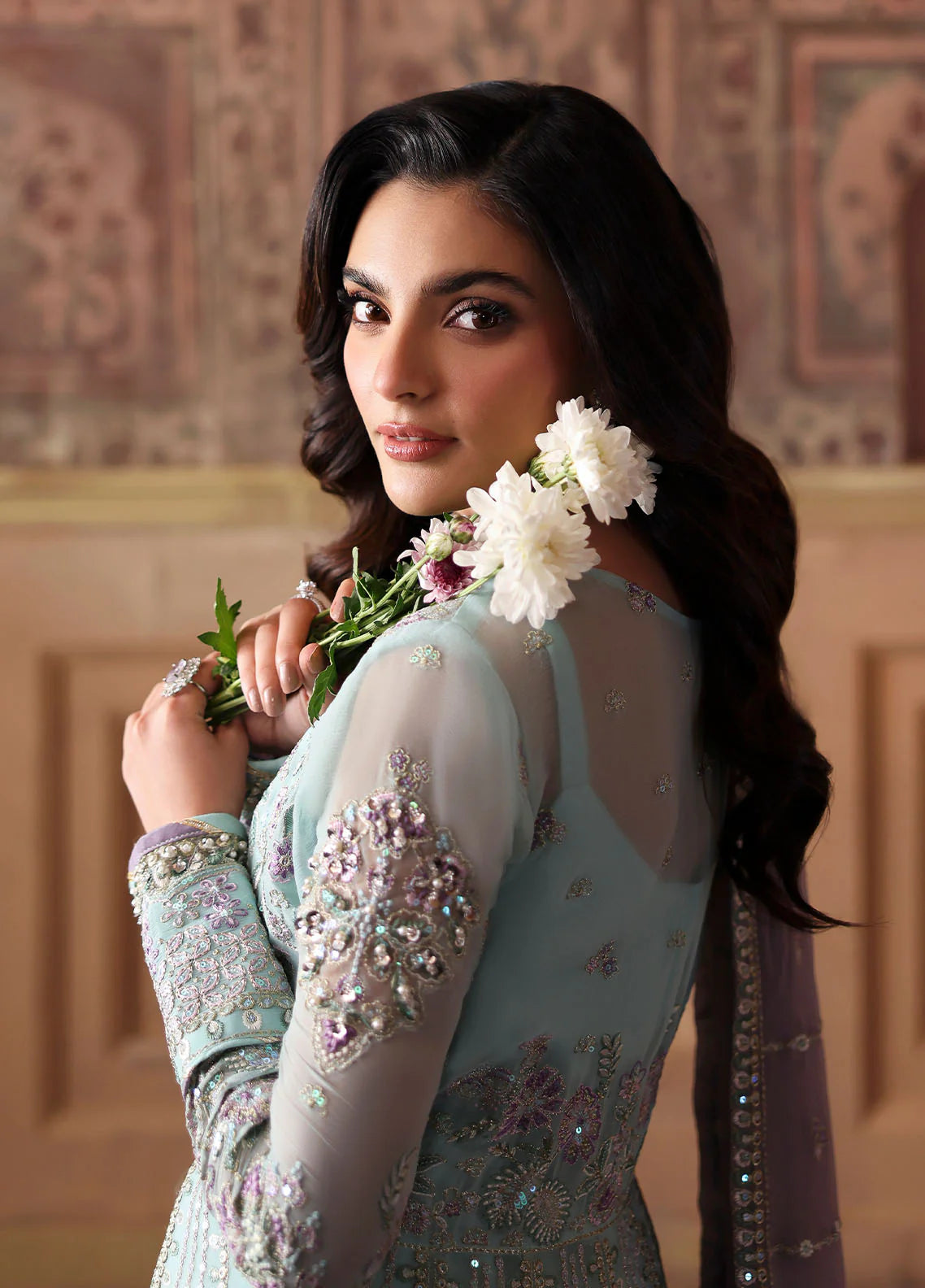 Model wearing Delina by Gulaal in aqua blue embroidered chiffon – Pakistani luxury pret outfit available online in UK.
