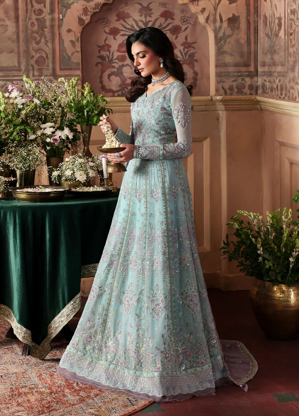 Model wearing Delina by Gulaal in aqua blue embroidered chiffon – Pakistani luxury pret outfit available online in UK.