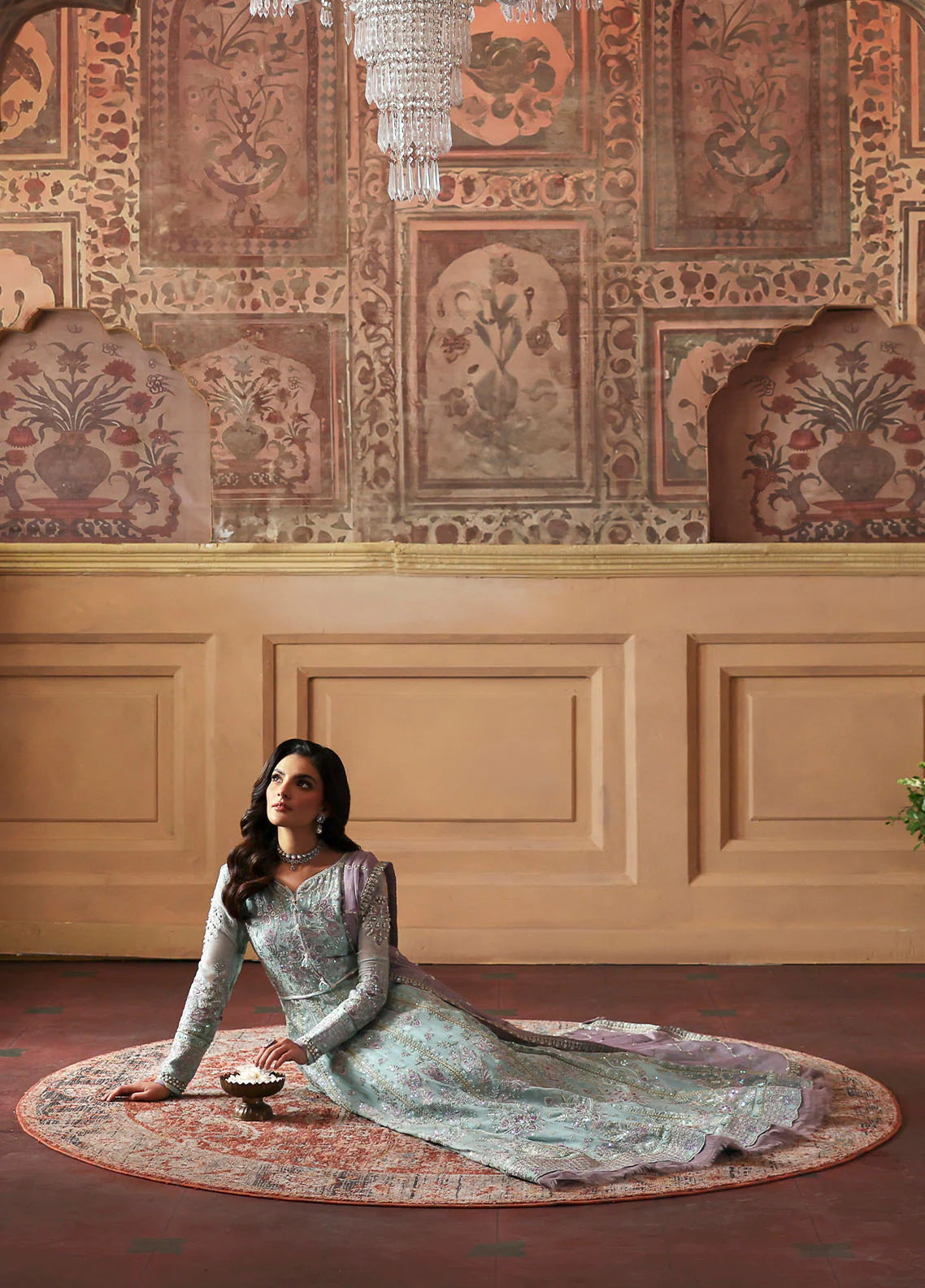 Model wearing Delina by Gulaal in aqua blue embroidered chiffon – Pakistani luxury pret outfit available online in UK.