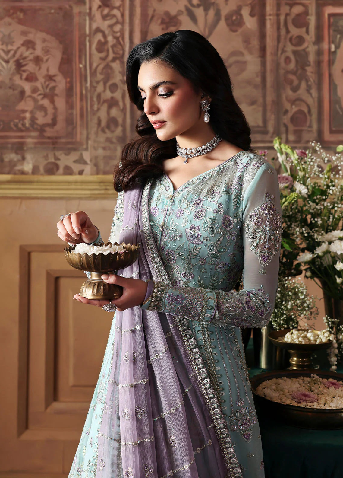 Model wearing Delina by Gulaal in aqua blue embroidered chiffon – Pakistani luxury pret outfit available online in UK.