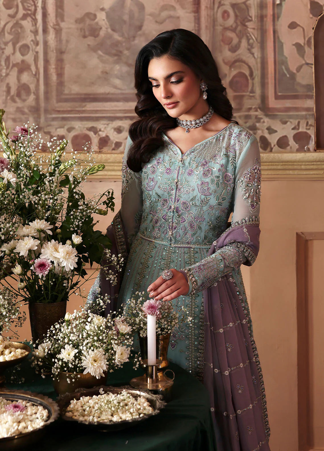 Model wearing Delina by Gulaal in aqua blue embroidered chiffon – Pakistani luxury pret outfit available online in UK.