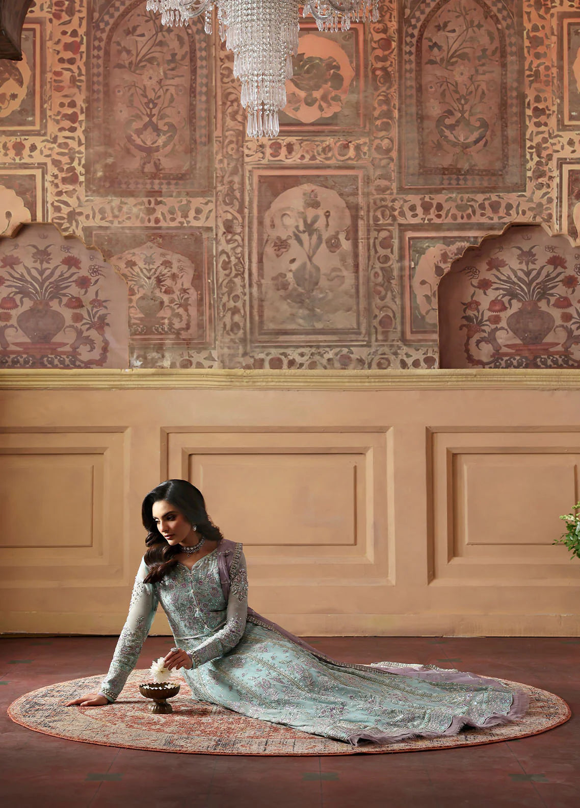 Model wearing Delina by Gulaal in aqua blue embroidered chiffon – Pakistani luxury pret outfit available online in UK.