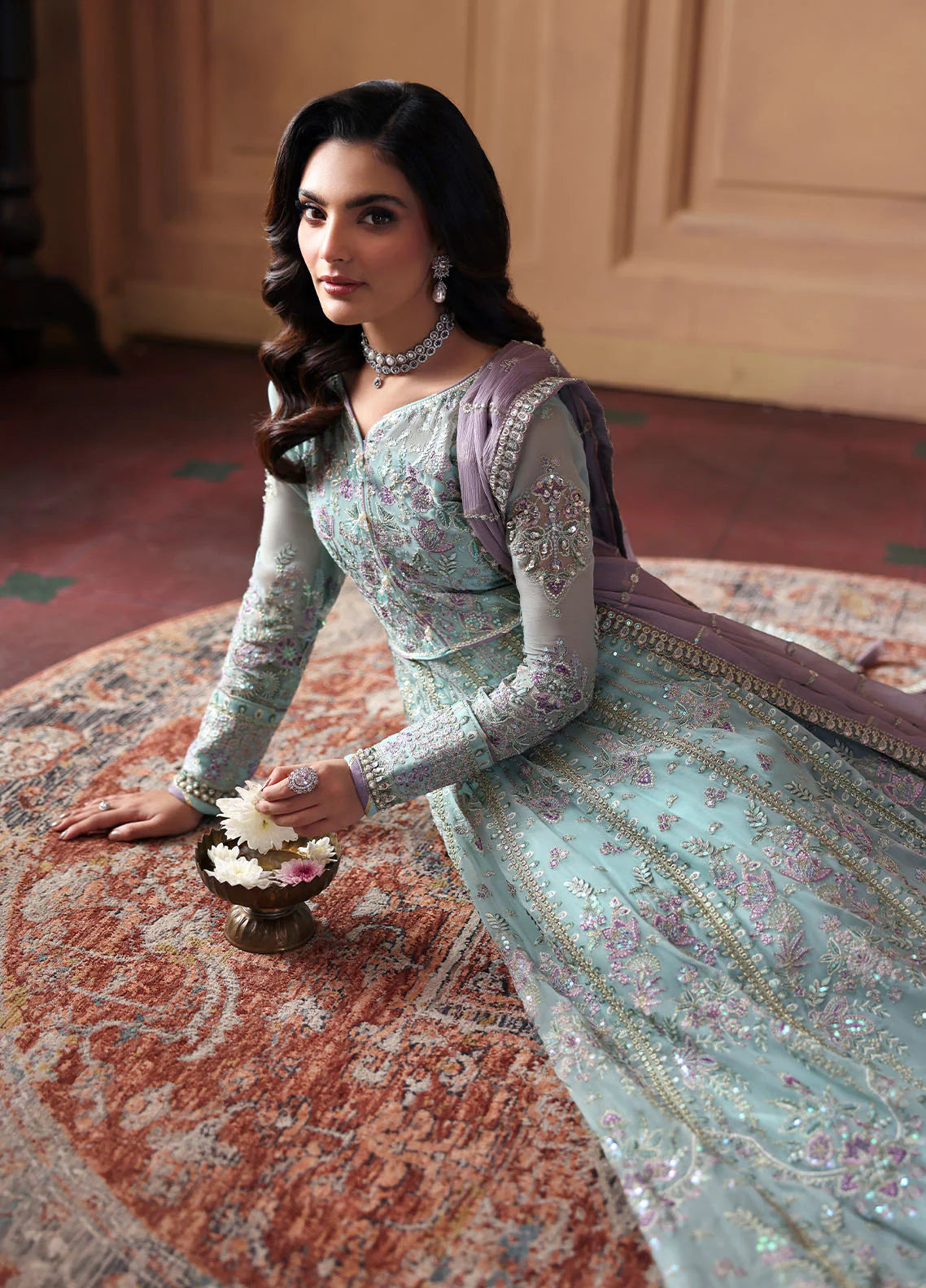 Model wearing Delina by Gulaal in aqua blue embroidered chiffon – Pakistani luxury pret outfit available online in UK.
