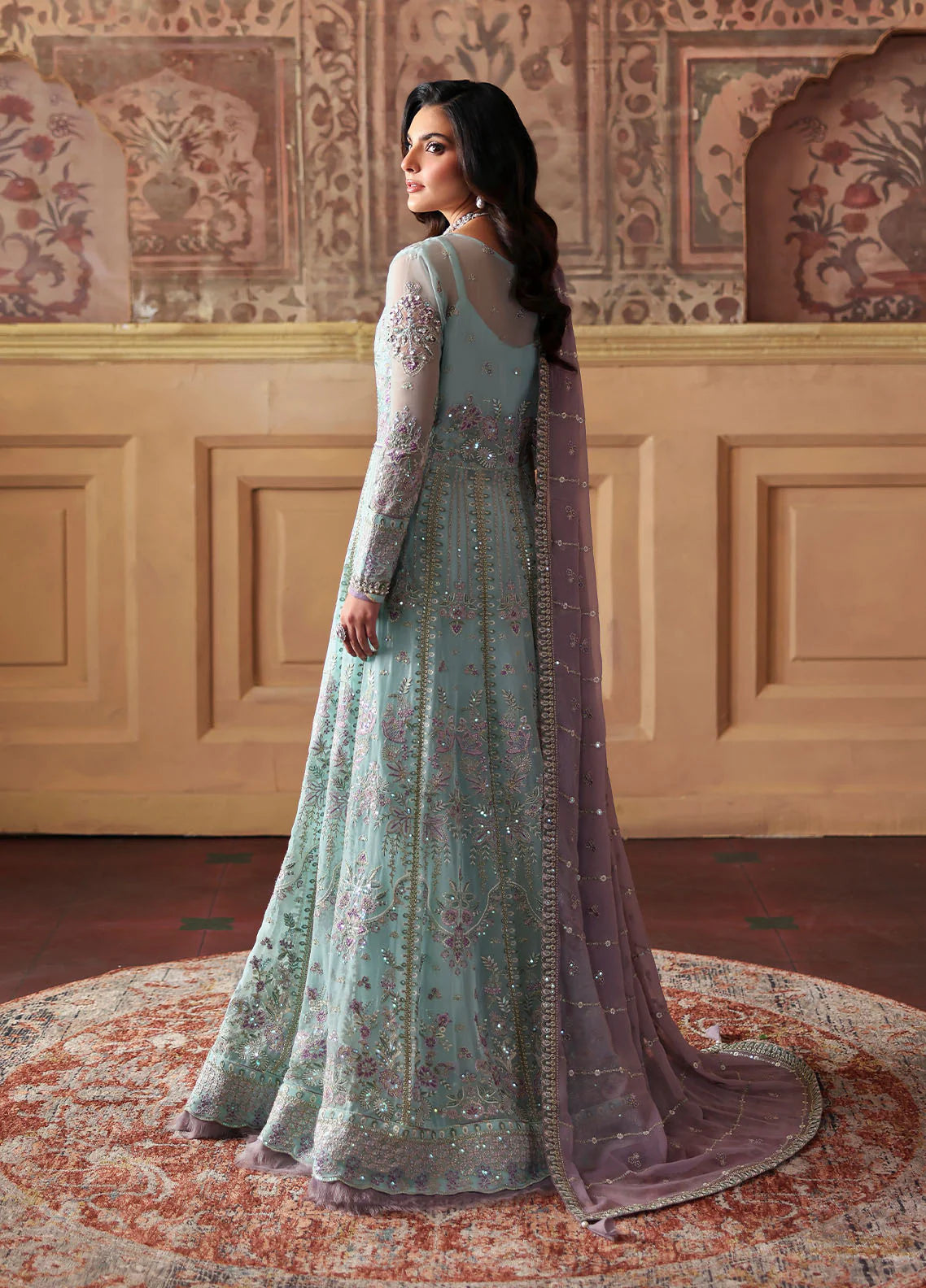 Model wearing Delina by Gulaal in aqua blue embroidered chiffon – Pakistani luxury pret outfit available online in UK.