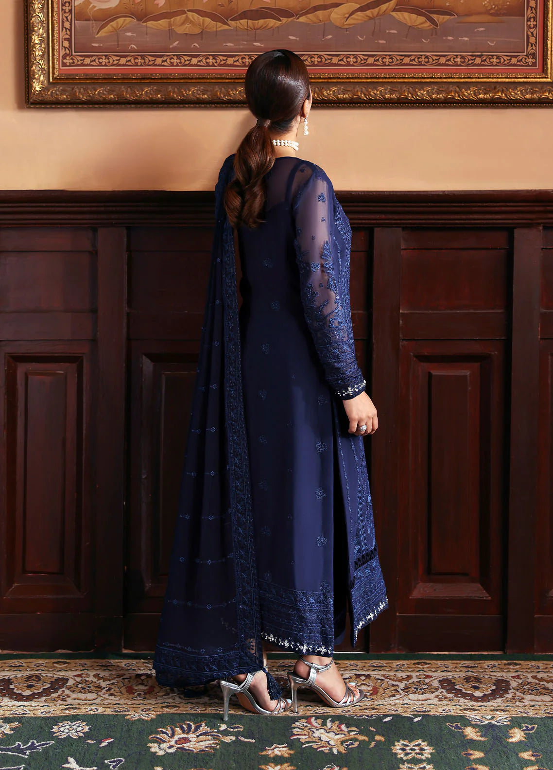 Model wearing Leesha by Gulaal in navy blue embellished chiffon – Pakistani luxury pret outfit available online in UK.