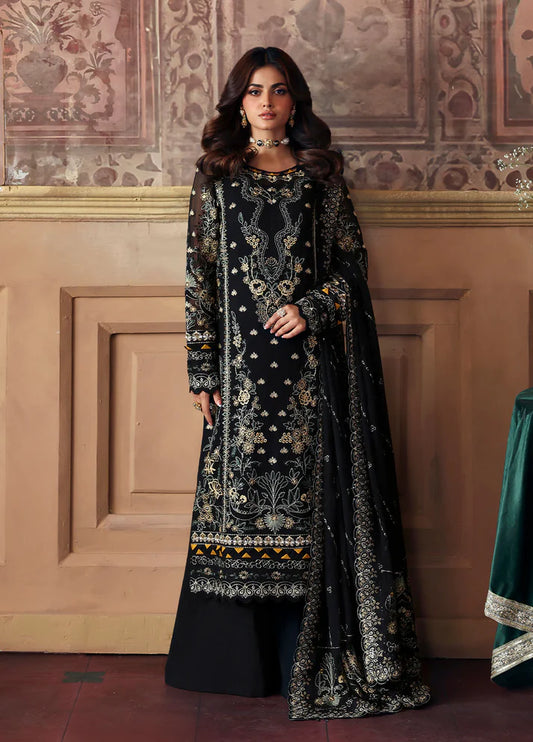 Model wearing Deenah by Gulaal in black with intricate gold chiffon embroidery – Pakistani luxury pret outfit online in UK.