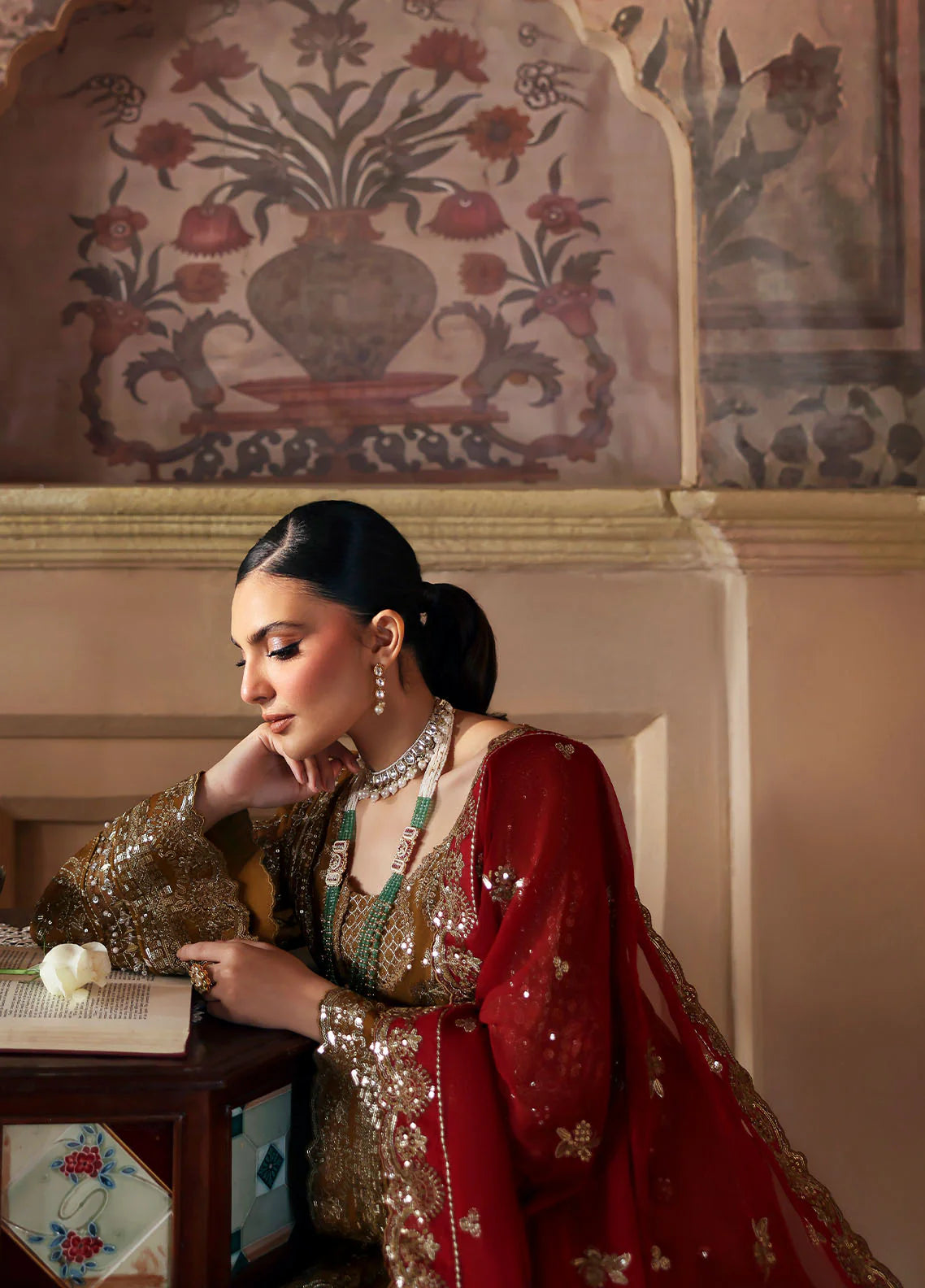 Model wearing Dinara by Gulaal in mustard and maroon with heavy chiffon embroidery – Pakistani luxury pret outfit online in UK.