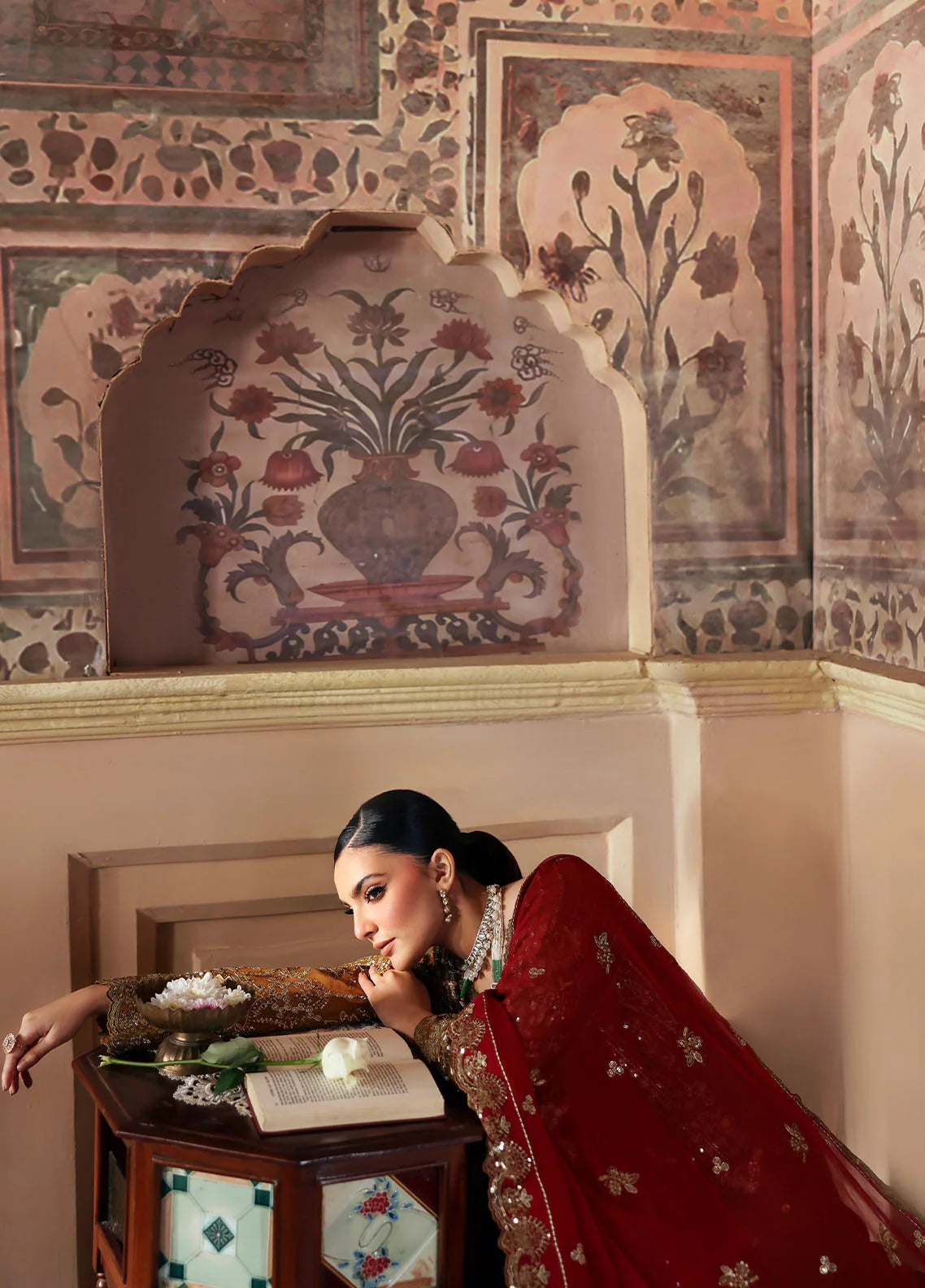 Model wearing Dinara by Gulaal in mustard and maroon with heavy chiffon embroidery – Pakistani luxury pret outfit online in UK.