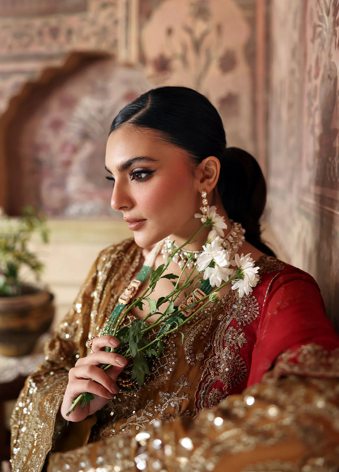 Model wearing Dinara by Gulaal in mustard and maroon with heavy chiffon embroidery – Pakistani luxury pret outfit online in UK.
