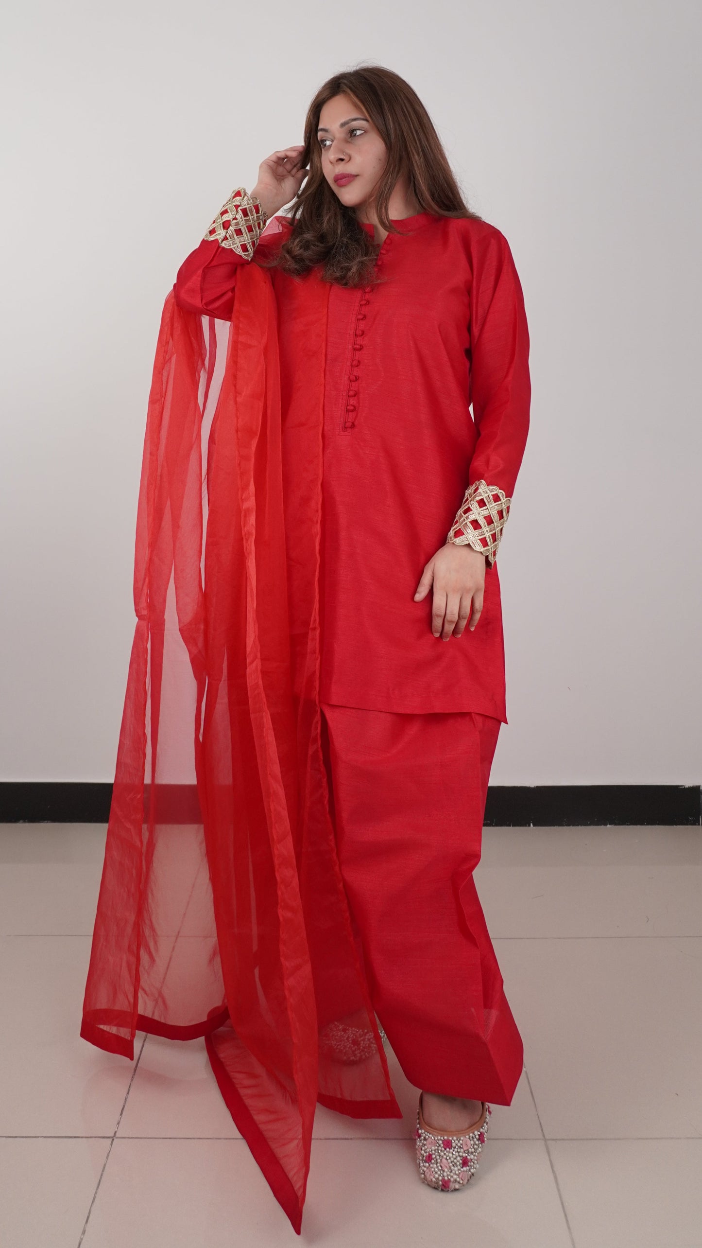 Signature Labels | Farshi Shalwar Suit | Crimson Red