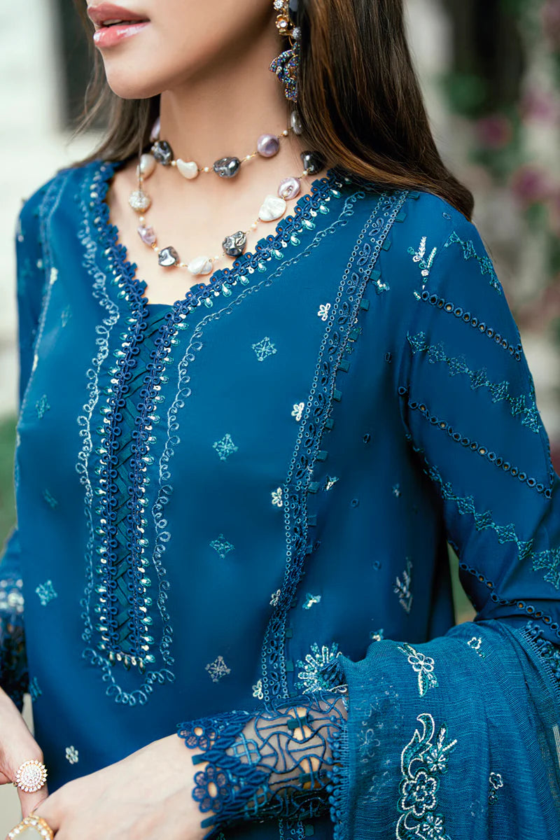 Model wearing deep teal blue Qalamkar SB-11 Noray embroidered outfit, perfect for Eid and Pakistani luxury pret clothes online in UK.