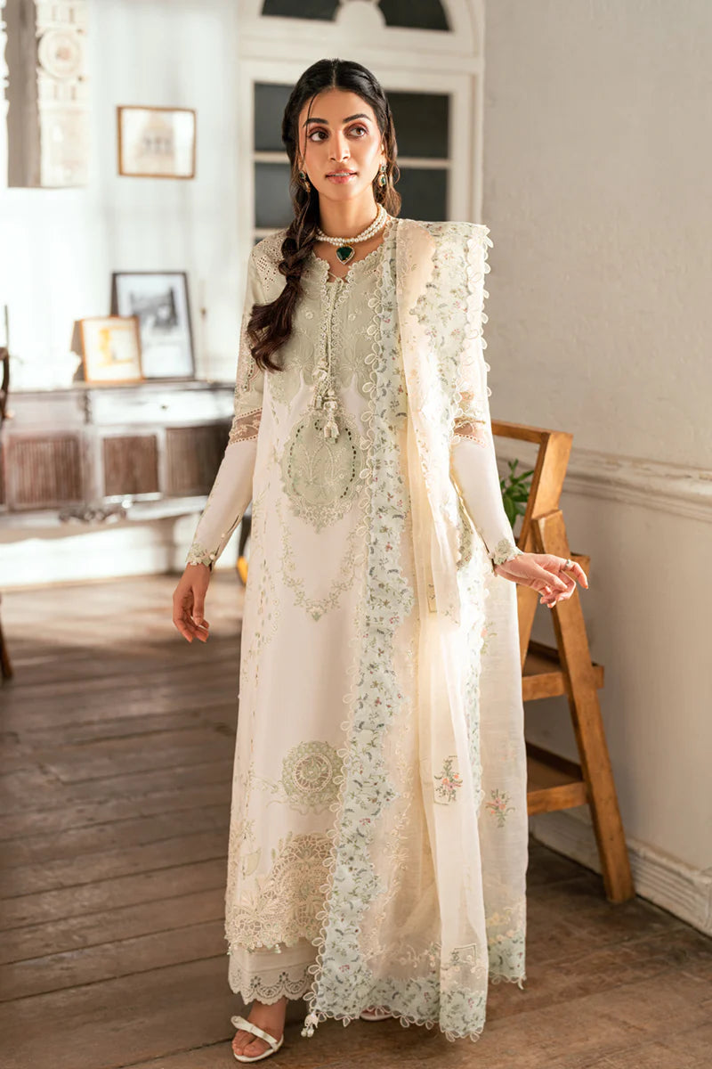 Model wearing pistachio green Qalamkar SB-10 Nadia embroidered outfit, perfect for Eid and Pakistani luxury pret clothes online in UK.