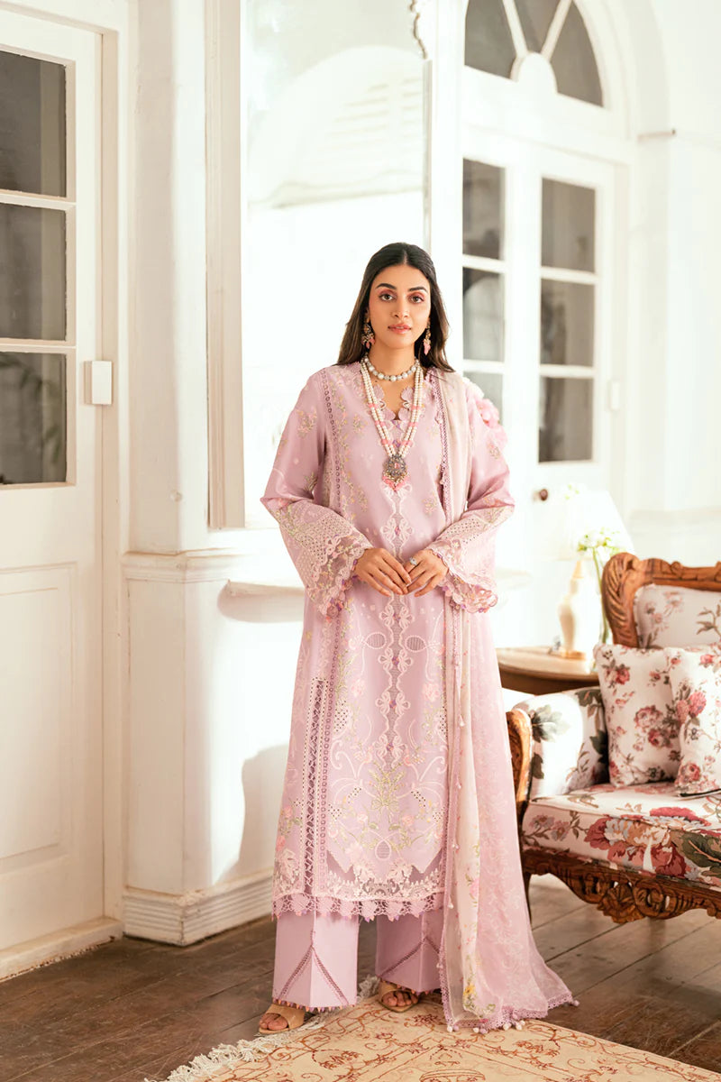 Model wearing lilac Qalamkar SB-06 Komal suit with pastel embroidery, ideal for Eid celebrations and Pakistani luxury pret online in UK.