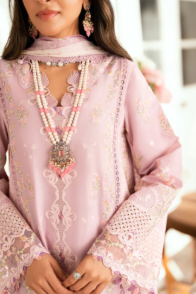 Model wearing lilac Qalamkar SB-06 Komal suit with pastel embroidery, ideal for Eid celebrations and Pakistani luxury pret online in UK.