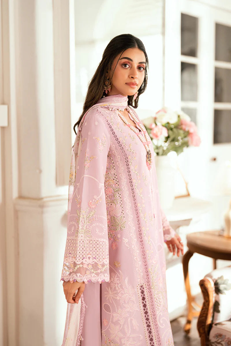 Model wearing lilac Qalamkar SB-06 Komal suit with pastel embroidery, ideal for Eid celebrations and Pakistani luxury pret online in UK.