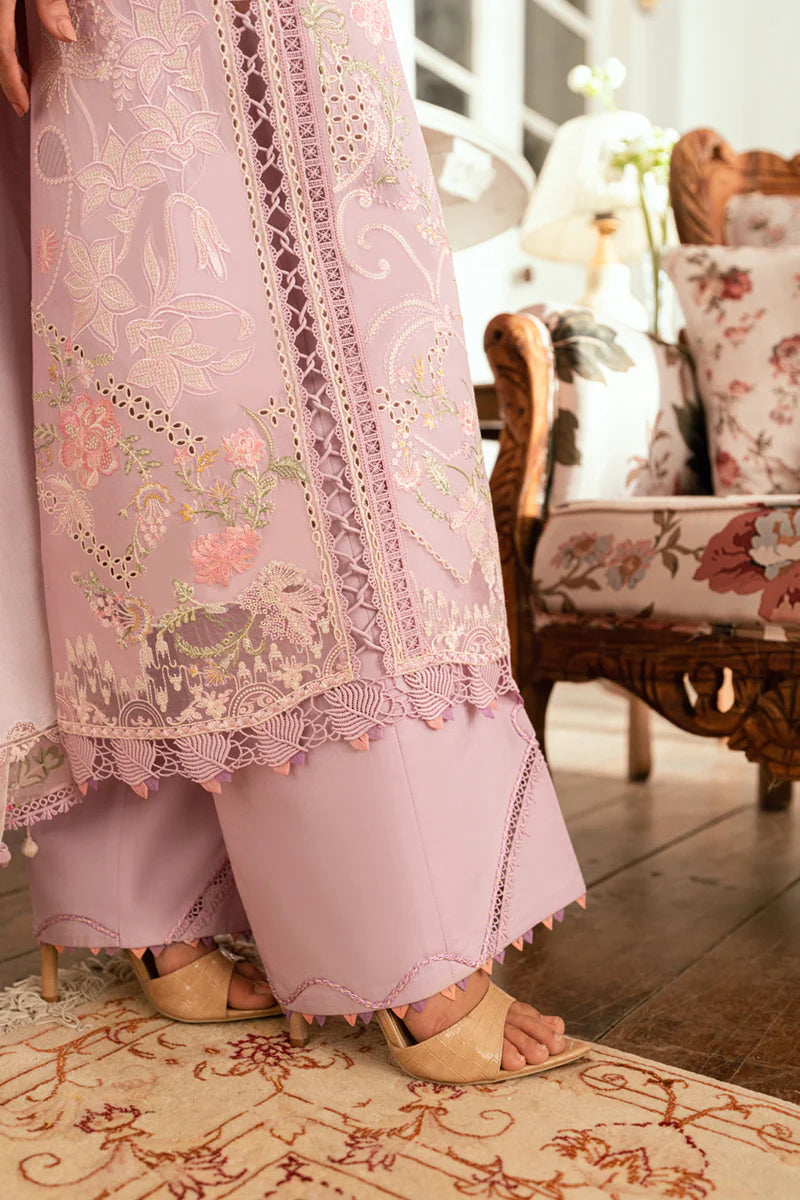 Model wearing lilac Qalamkar SB-06 Komal suit with pastel embroidery, ideal for Eid celebrations and Pakistani luxury pret online in UK.