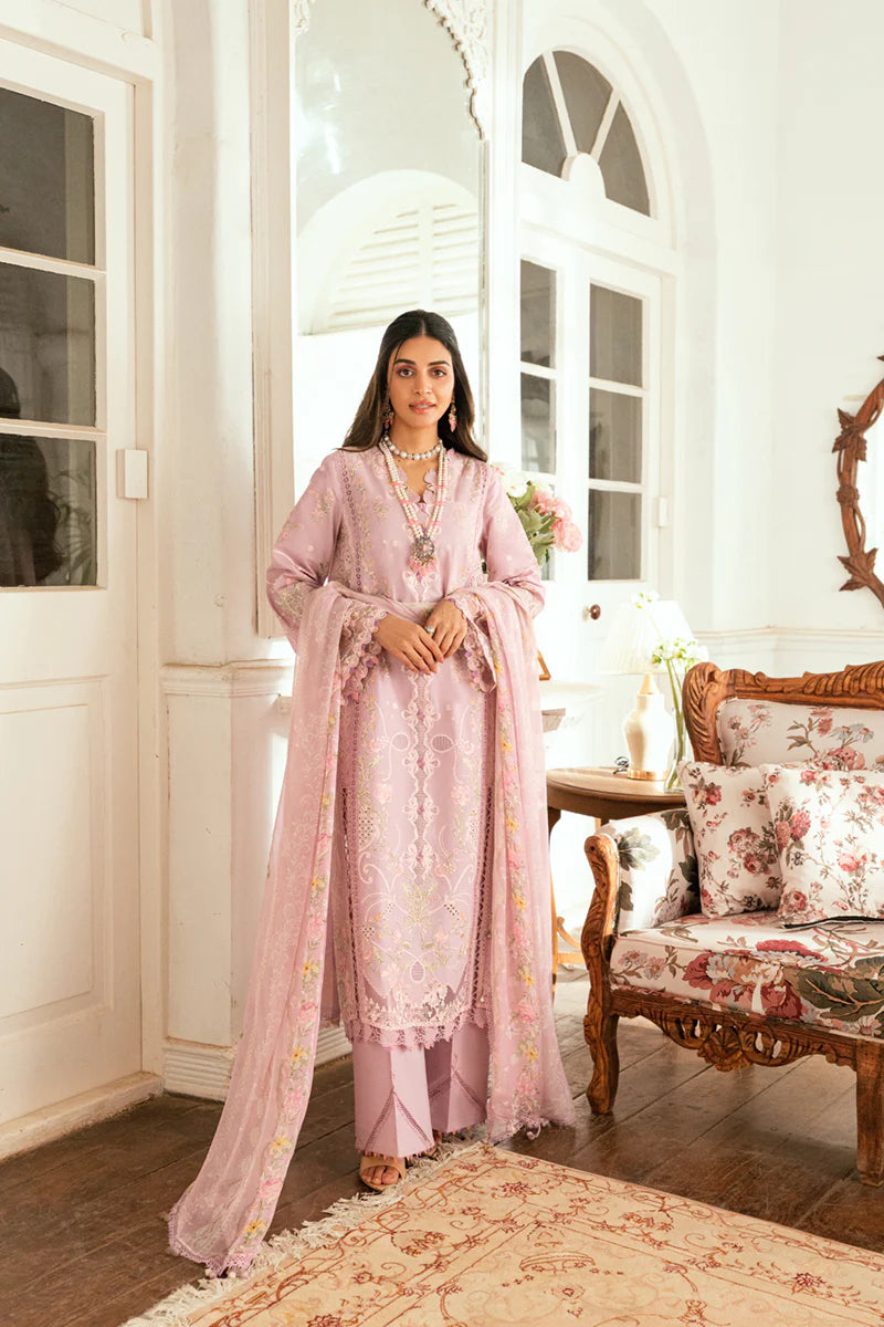 Model wearing lilac Qalamkar SB-06 Komal suit with pastel embroidery, ideal for Eid celebrations and Pakistani luxury pret online in UK.