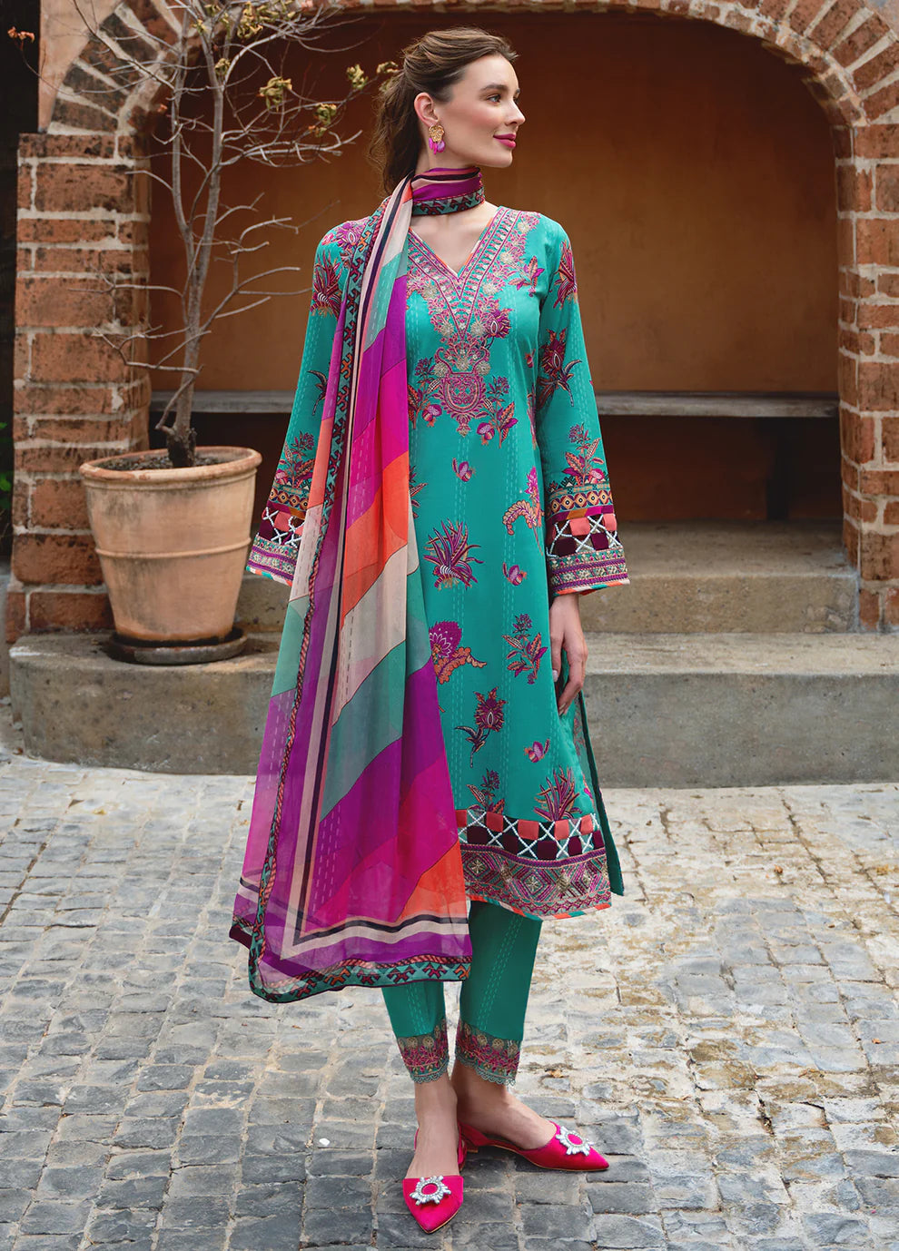 Model in vibrant Gulaal ALMERIA dress, UK's choice for Pakistani clothes.