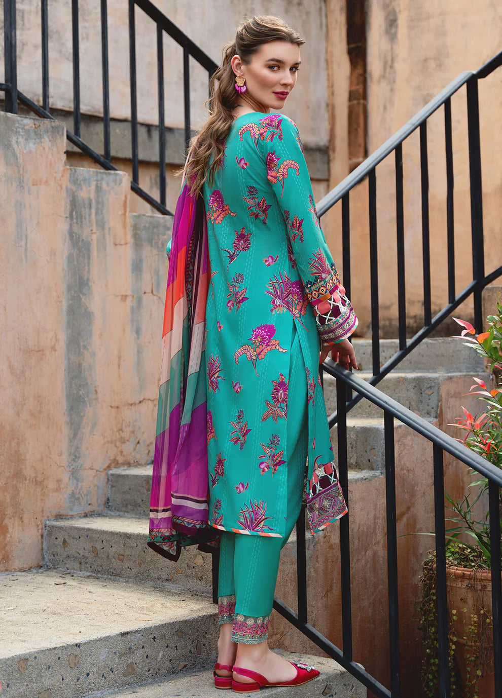 Model in vibrant Gulaal ALMERIA dress, UK's choice for Pakistani clothes.