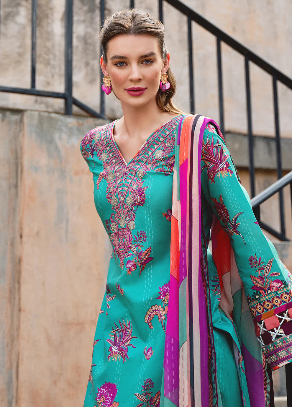 Model in vibrant Gulaal ALMERIA dress, UK's choice for Pakistani clothes.