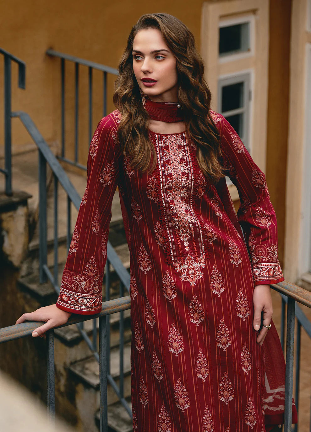 Model in Gulaal VEZELAY, intricate Pakistani dress, UK style.