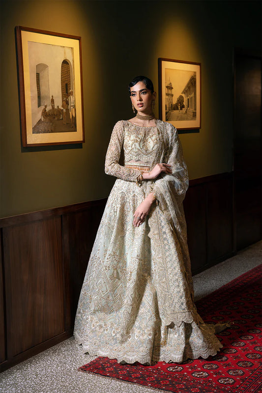 Model wearing LUCENT-SRF-D-02 from Saira Rizwan's Festive Unstitched collection in soft peach. Luxury pret, festive, Pakistani clothes online in UK.