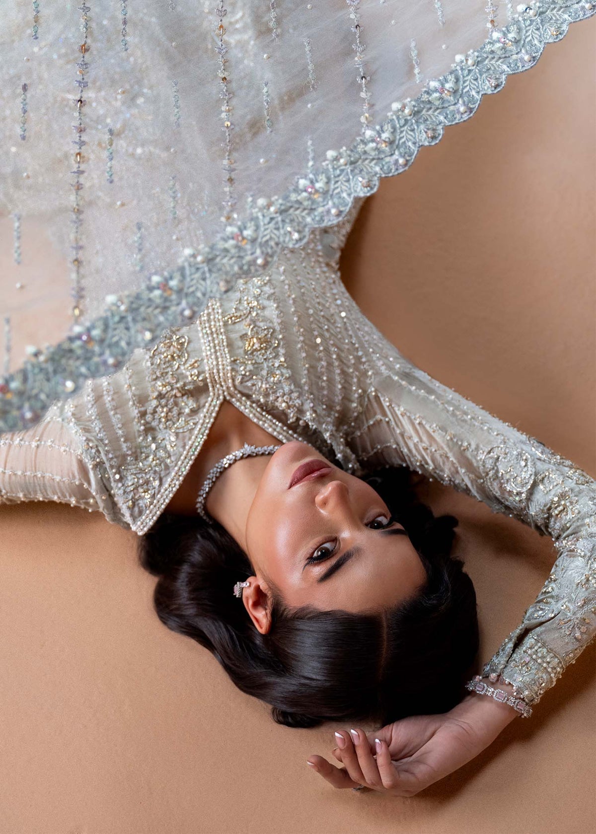 Model wearing silver Mahira outfit from Kanwal Malik, perfect for Pakistani luxury pret and Pakistani clothes online in UK.
