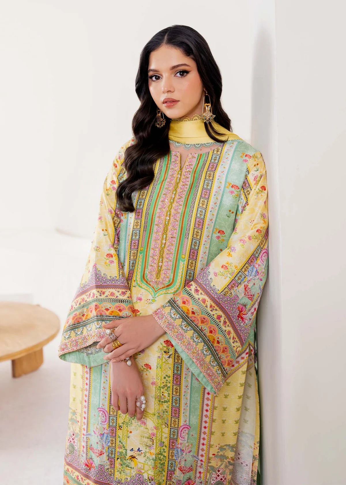 Model wearing pastel yellow and mint green Mira from Kanwal Malik Rosalia Silk Eid Collection '25, Pakistani luxury pret online in UK.