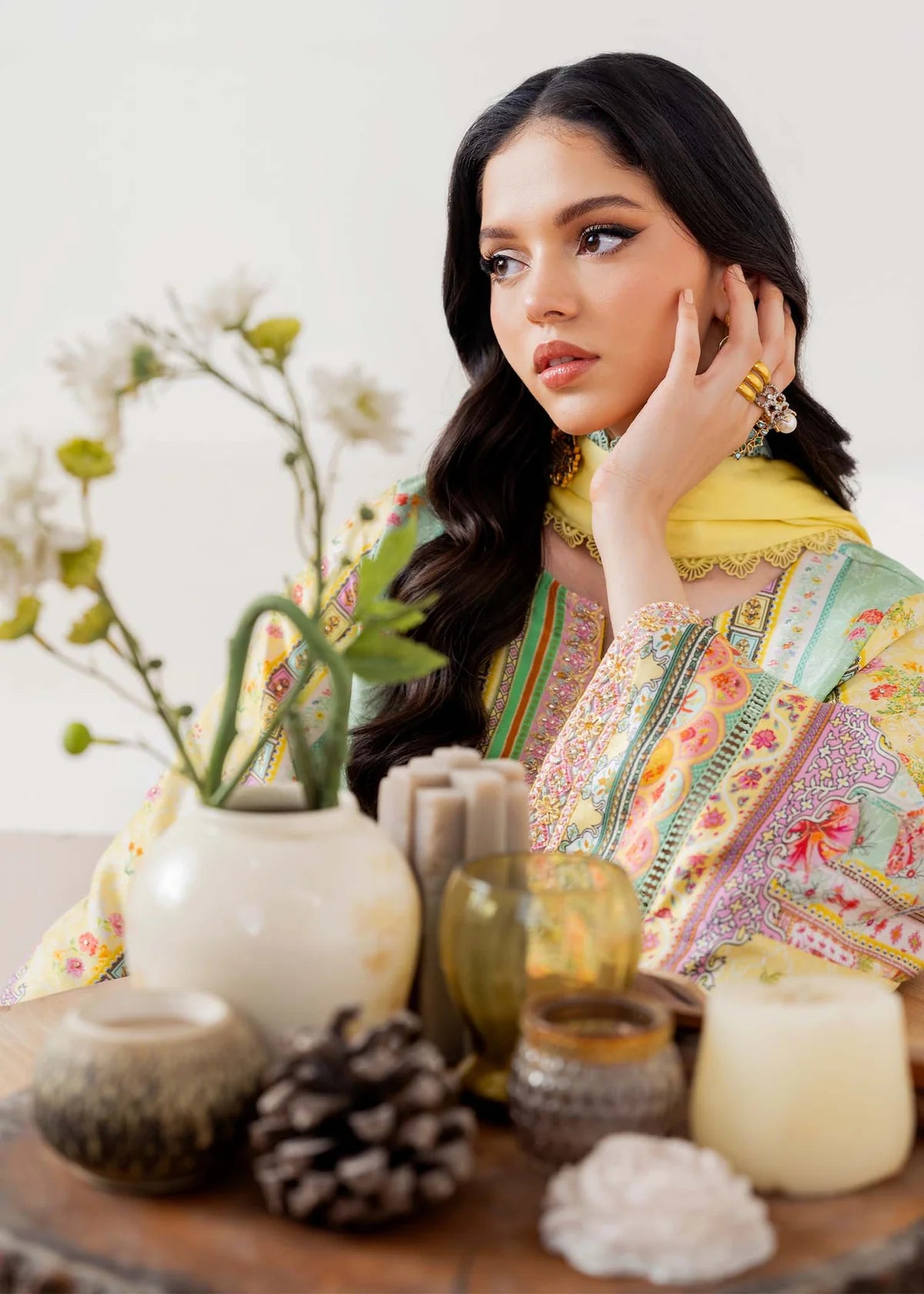 Model wearing pastel yellow and mint green Mira from Kanwal Malik Rosalia Silk Eid Collection '25, Pakistani luxury pret online in UK.
