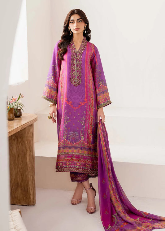 Model wearing vibrant purple Giana from Kanwal Malik Rosalia Silk Eid Collection '25, Pakistani luxury pret and clothes online in UK.