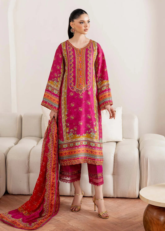 Model wearing deep pink Sylvie from Kanwal Malik Rosalia Silk Eid Collection '25, Pakistani luxury pret available online in UK.