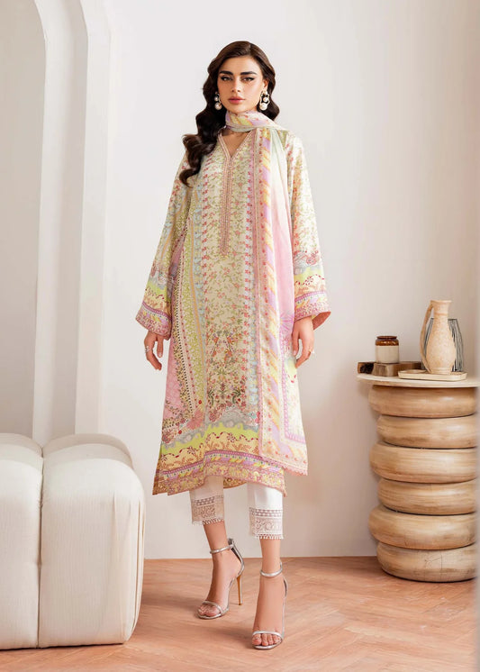 Model wearing pastel multicolor Seris from Kanwal Malik Rosalia Silk Eid Collection '25, Pakistani luxury pret and clothes online in UK.