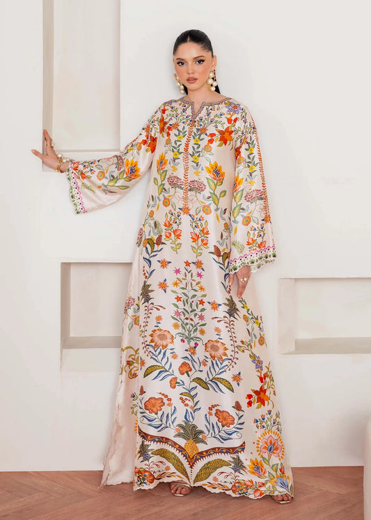 Model wearing ivory multicolour floral Kanwal Malik Celia from Rosalia Silk Eid Collection '25, Pakistani luxury pret available in UK online.