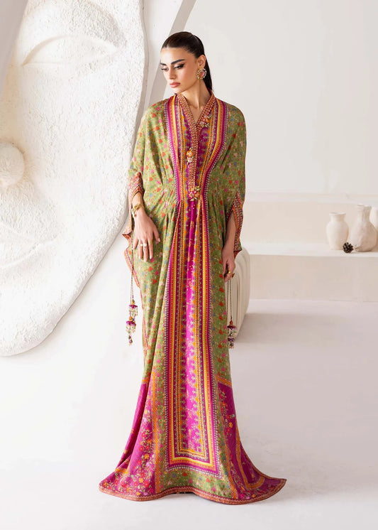 Model wearing green and magenta Deja from Kanwal Malik Rosalia Silk Eid Collection '25, Pakistani luxury pret available online in UK.