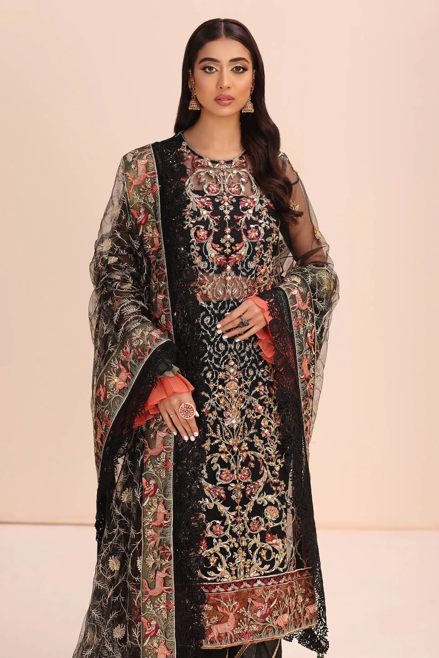 Model in Musferah Saad Empress Noir black Pakistani wedding dress, UK.