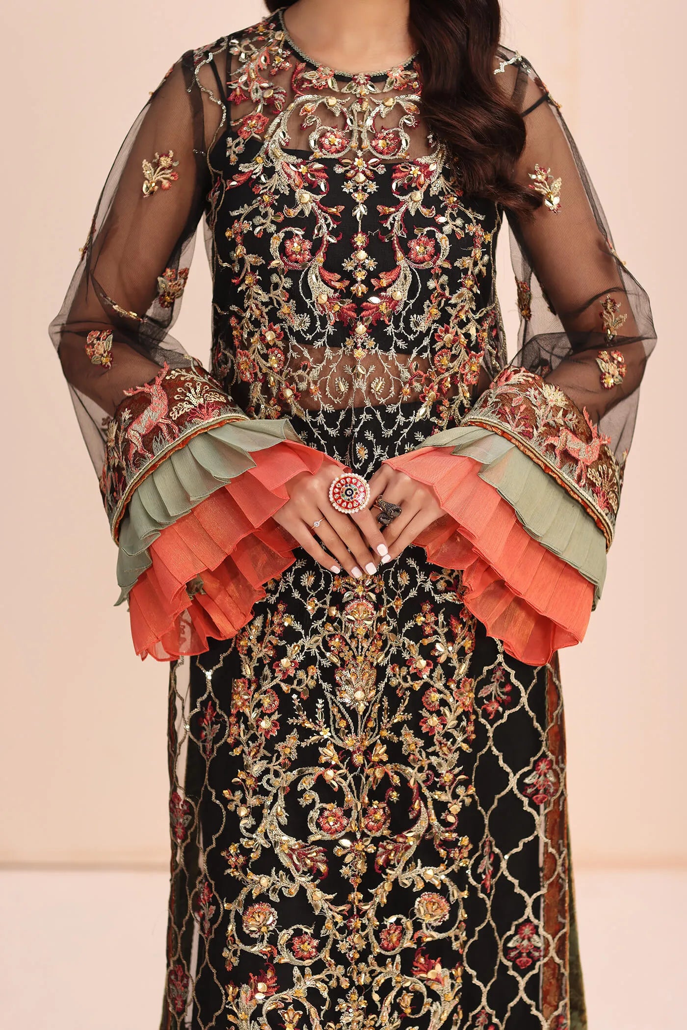 Model in Musferah Saad Empress Noir black Pakistani wedding dress, UK.