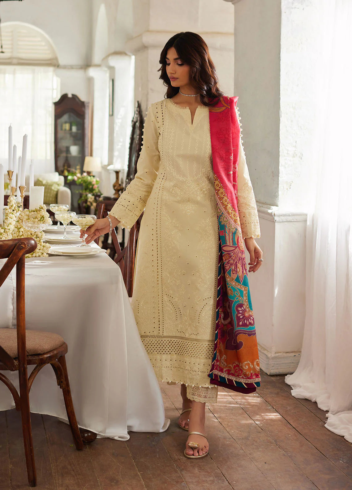 Model wearing off-white Azmin from Gulaal Lumiere Chikankaari Lawn, Pakistani luxury pret and Pakistani clothes online in UK.