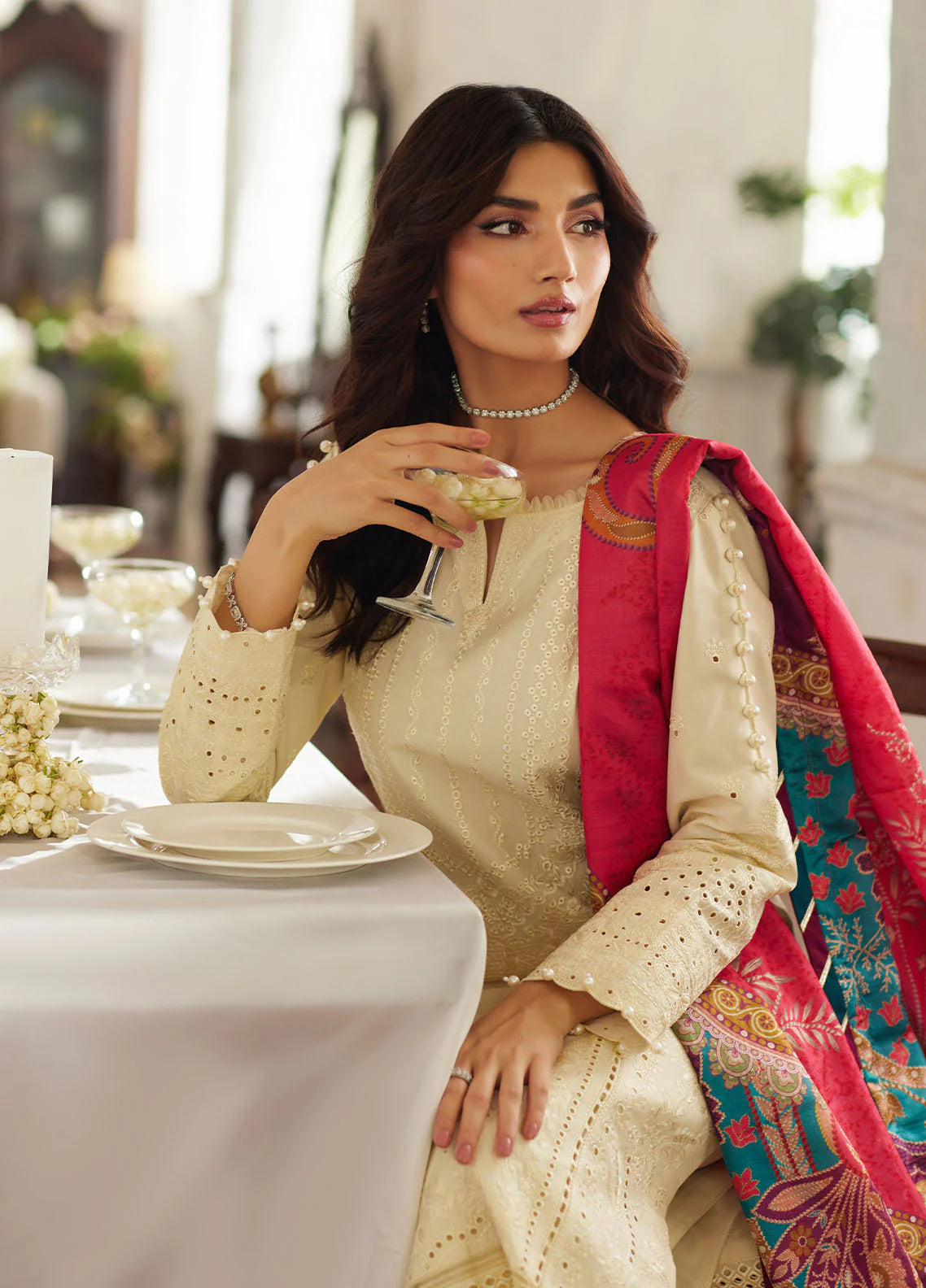 Model wearing off-white Azmin from Gulaal Lumiere Chikankaari Lawn, Pakistani luxury pret and Pakistani clothes online in UK.