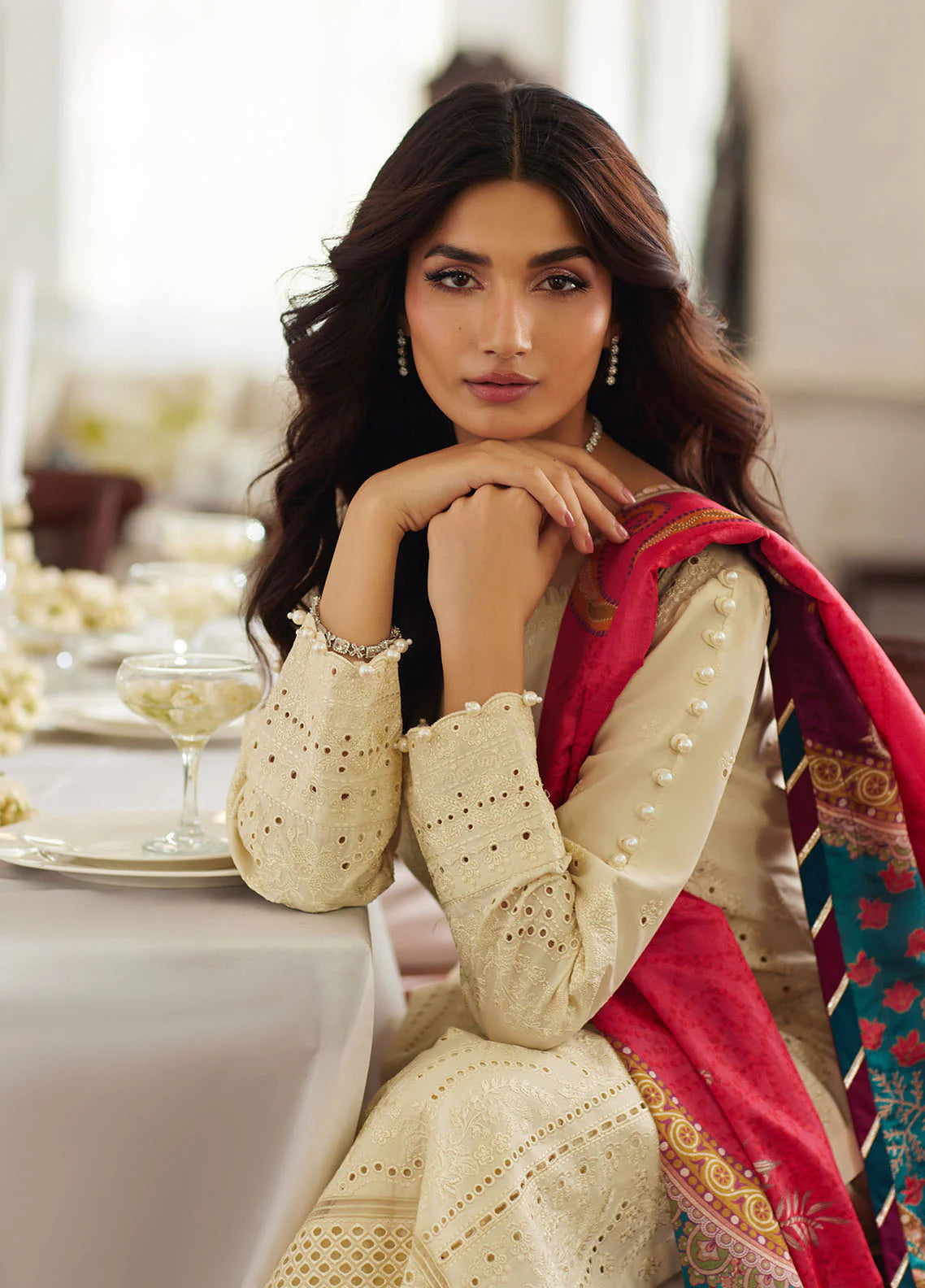 Model wearing off-white Azmin from Gulaal Lumiere Chikankaari Lawn, Pakistani luxury pret and Pakistani clothes online in UK.