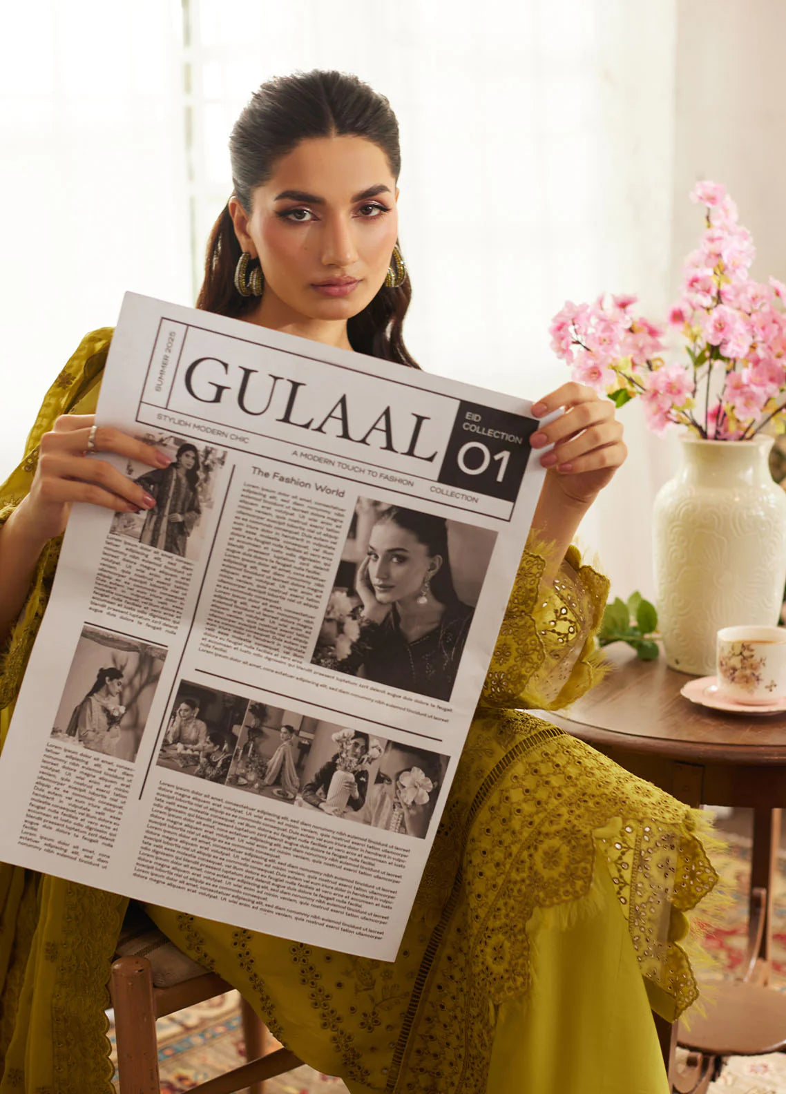 Model wearing mustard yellow Aurelia from Gulaal Lumiere Chikankaari Lawn, Pakistani luxury pret and Pakistani clothes online in UK.