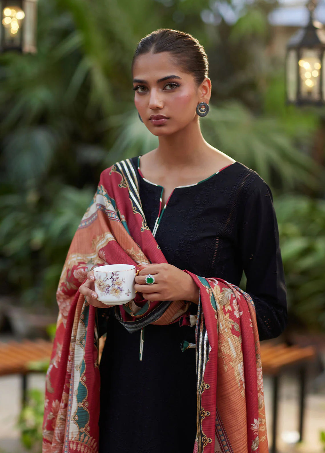 Model wearing black Solene from Gulaal Lumiere Chikankaari Lawn, Pakistani luxury pret and Pakistani clothes online in UK.