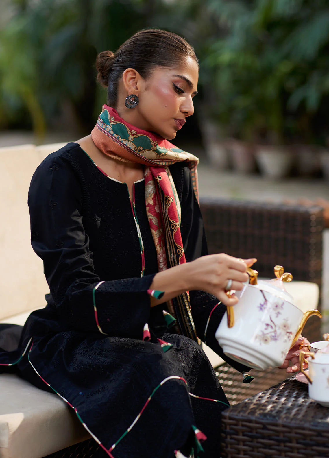 Model wearing black Solene from Gulaal Lumiere Chikankaari Lawn, Pakistani luxury pret and Pakistani clothes online in UK.